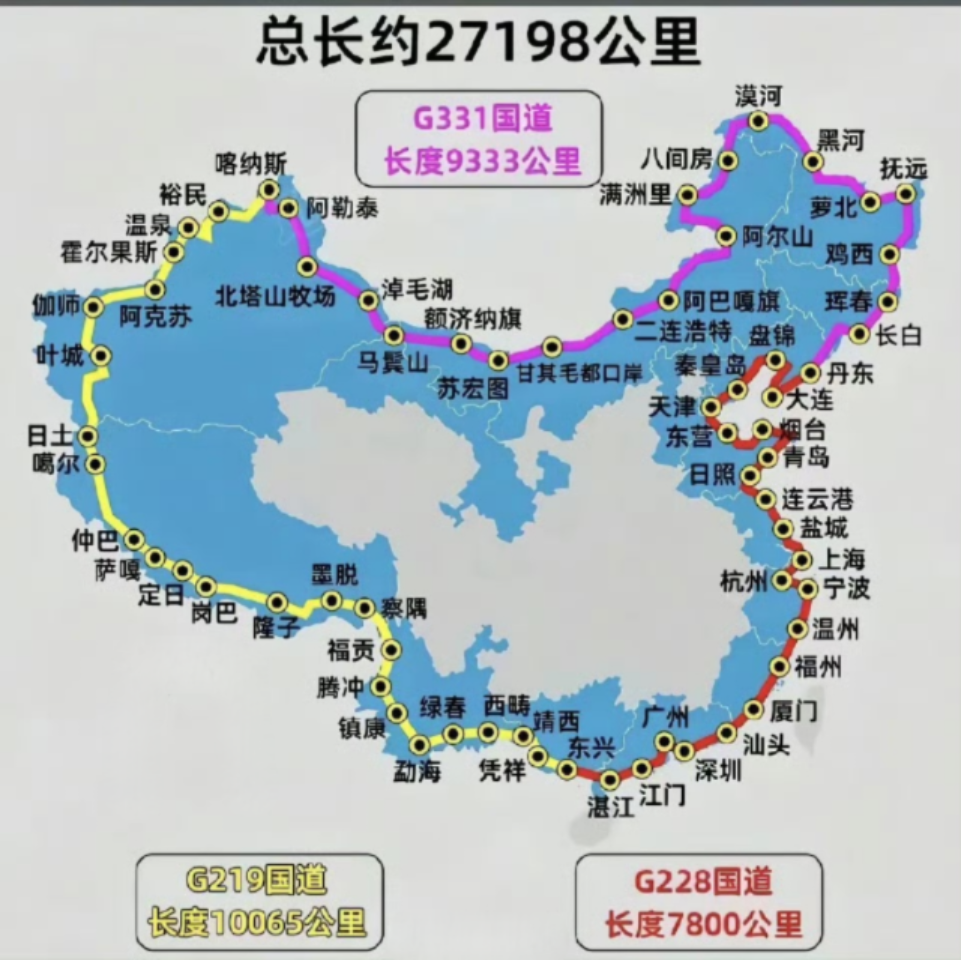 中国边境国道路线及长度