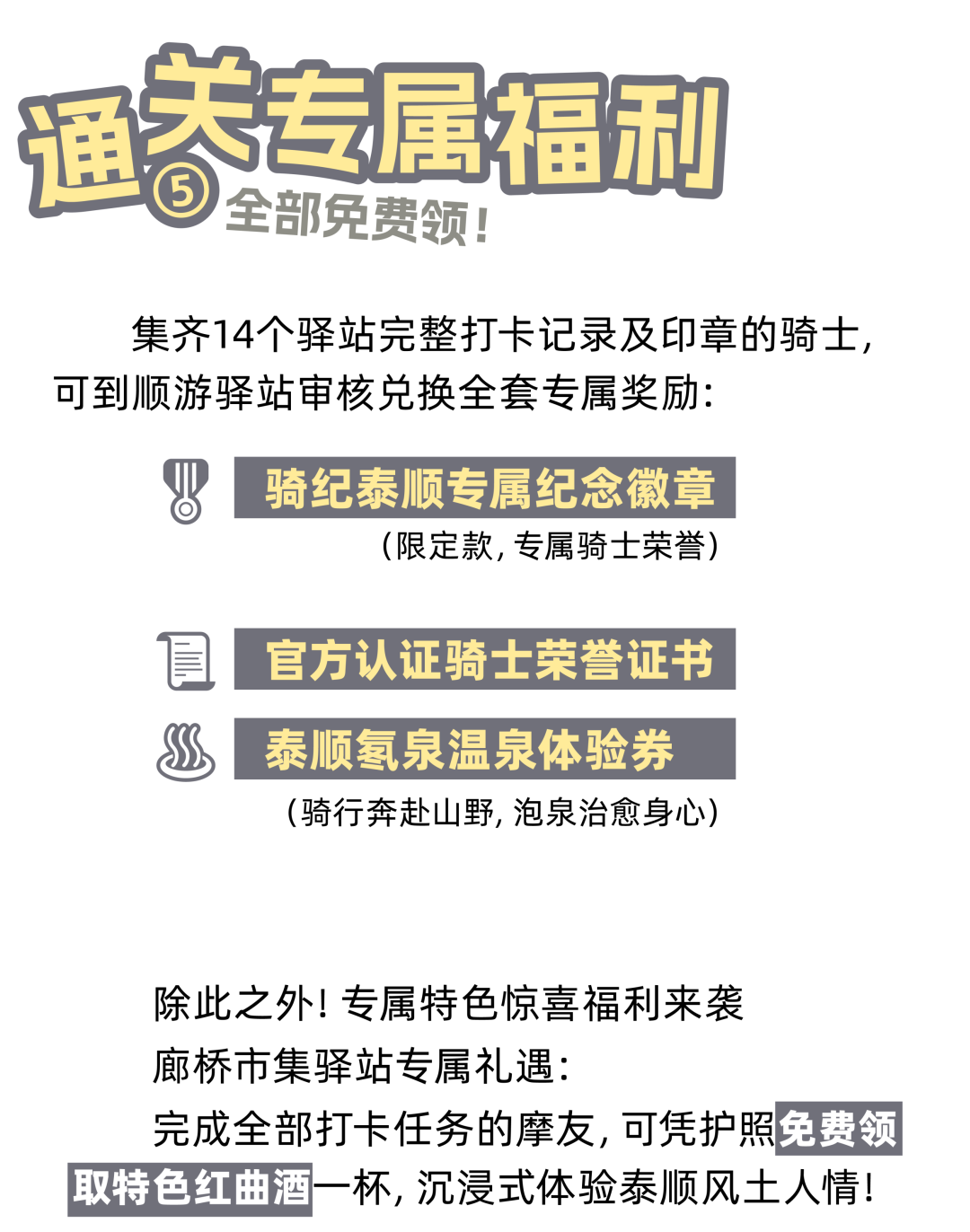 2026 骑纪泰顺・廊氡摩旅季打卡攻略来啦~14 个驿站集齐印章，徽章、证书、温泉券等你来拿！